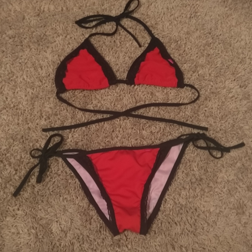Red and Black lace bikini